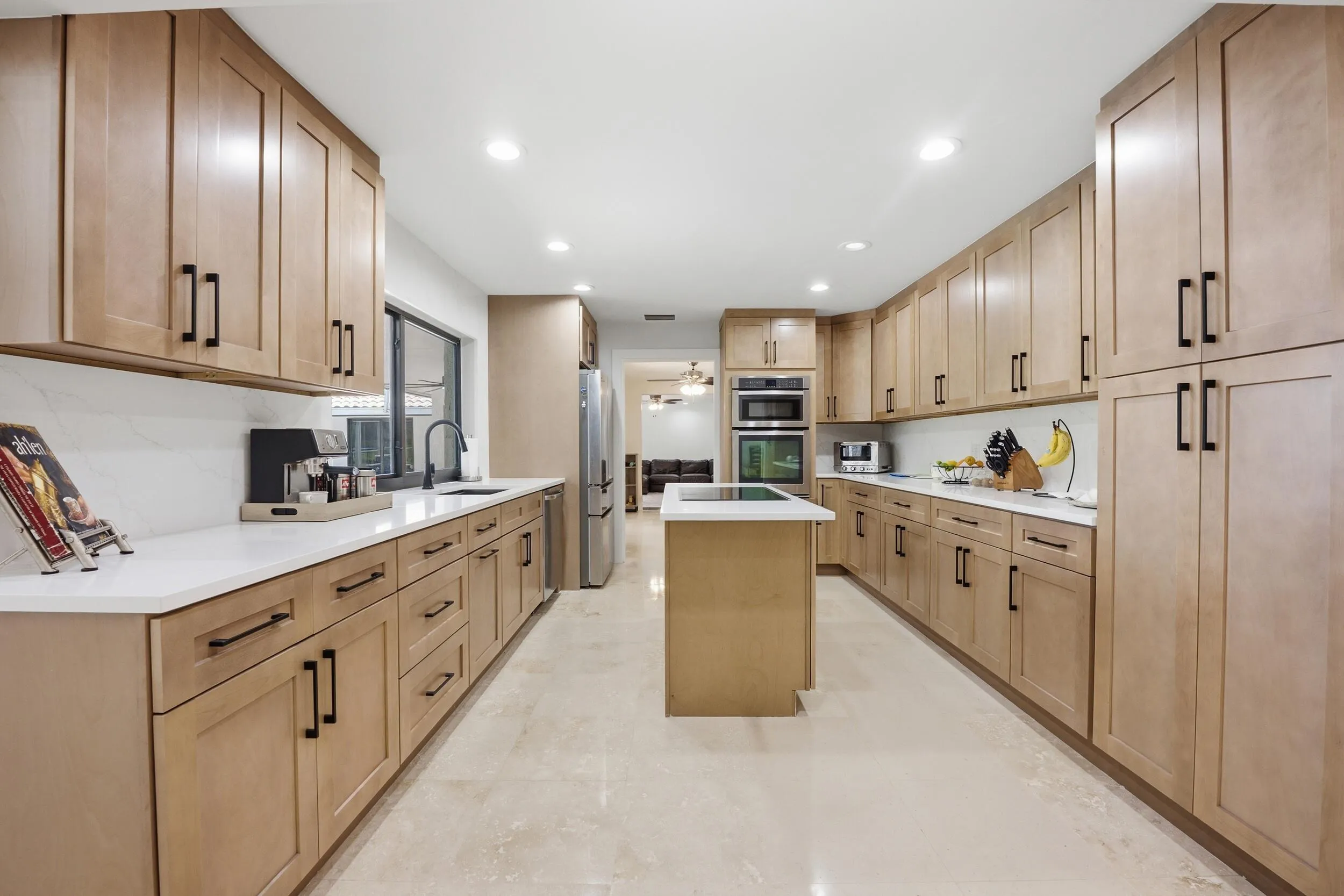 Upgraded kitchen Toffee Cabinets with Black Accents