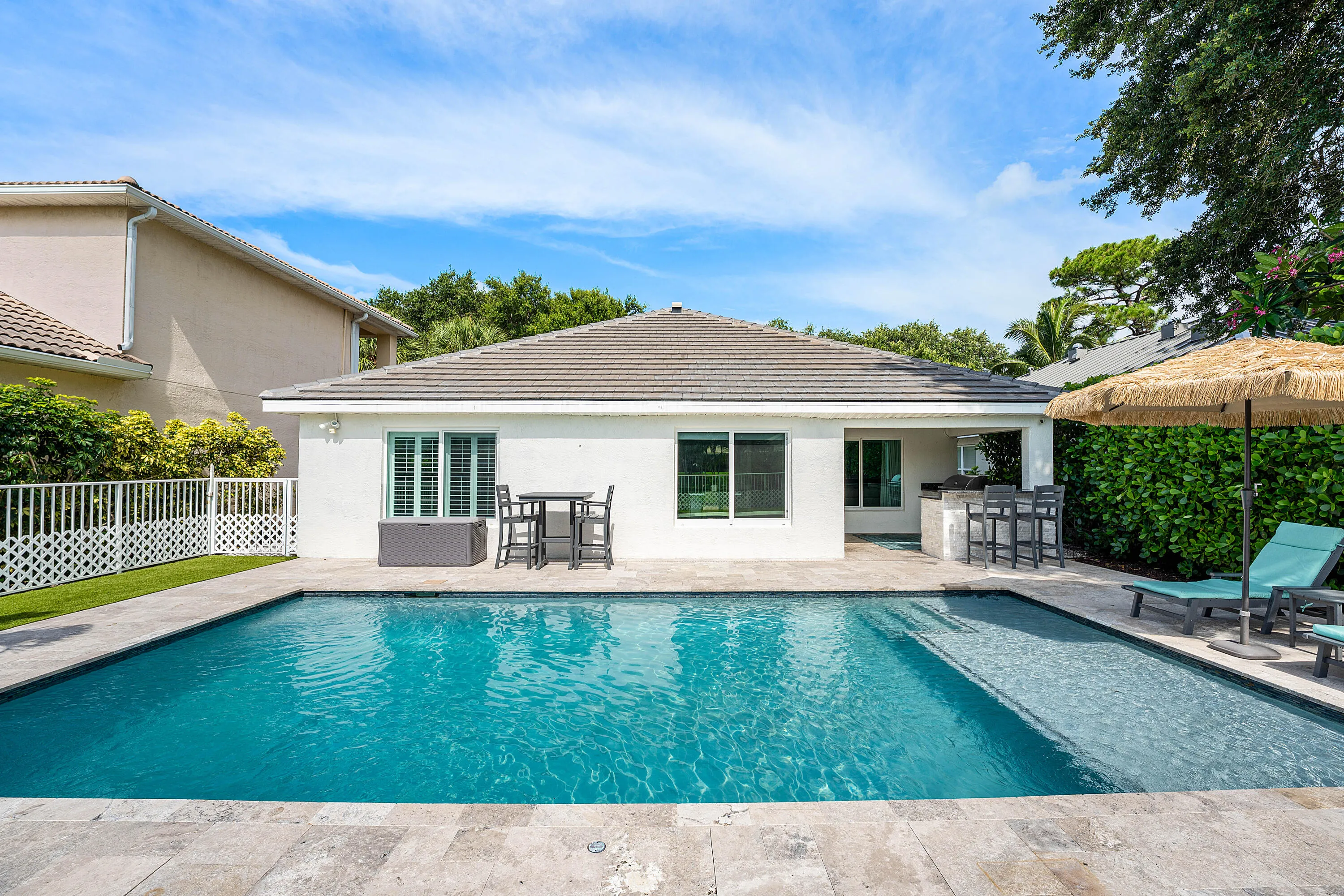 Salt chlorinated pool with lake views