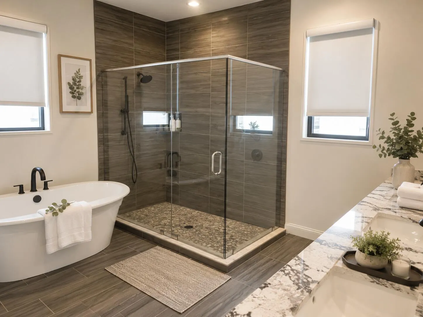 Luxurious oversized primary en-suite with dual sinks and a spa-like ambiance.