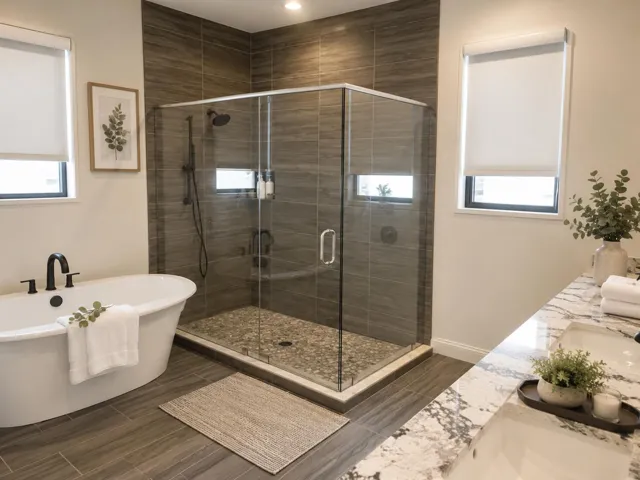 Luxurious oversized primary en-suite with dual sinks and a spa-like ambiance.