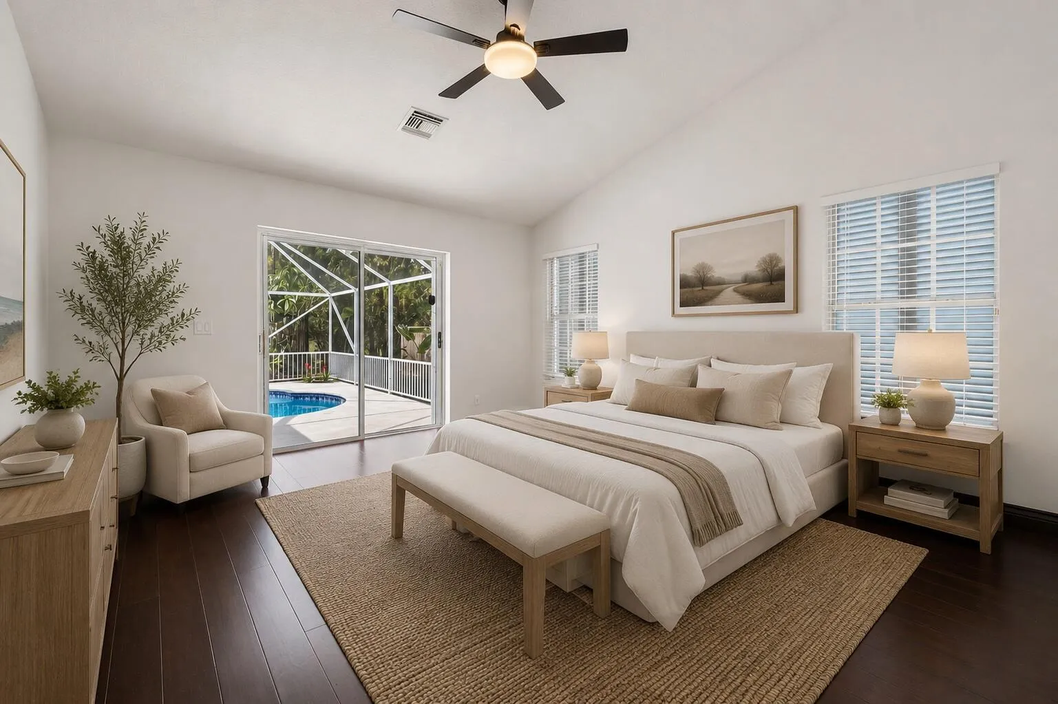 Primary bedroom with pool access (virtually staged)