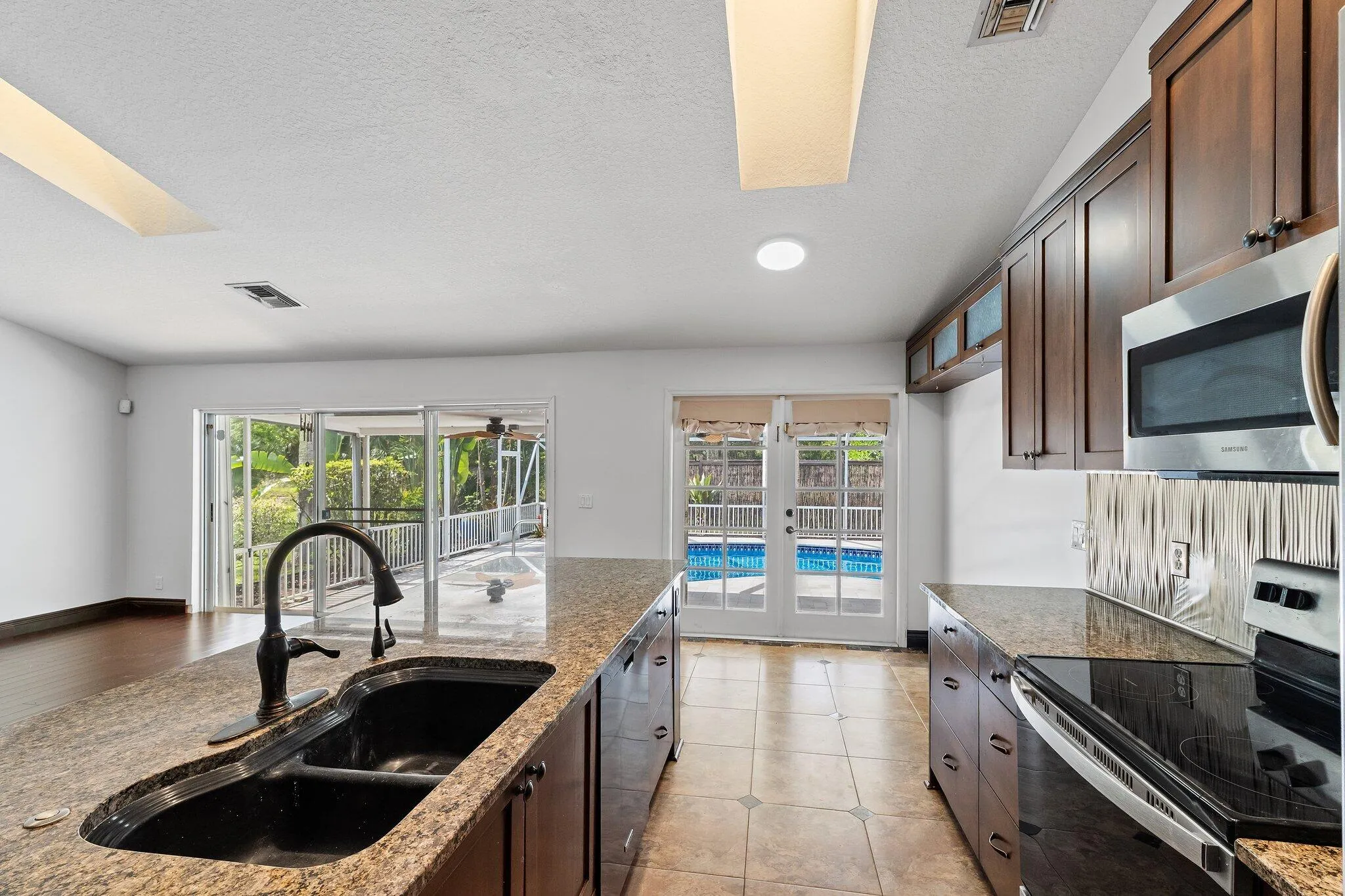 Kitchen with pool views