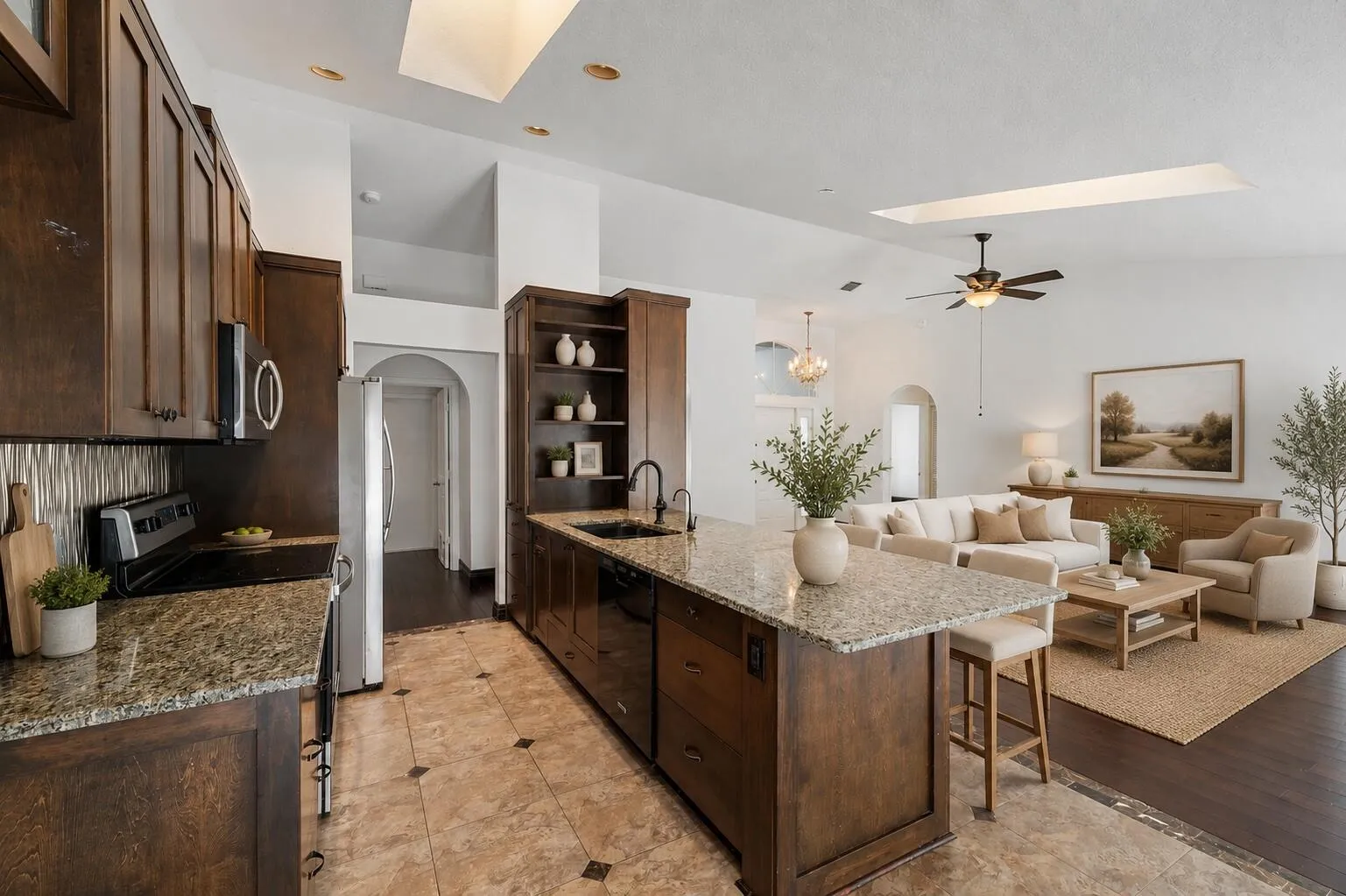 Kitchen and living room (virtually staged)