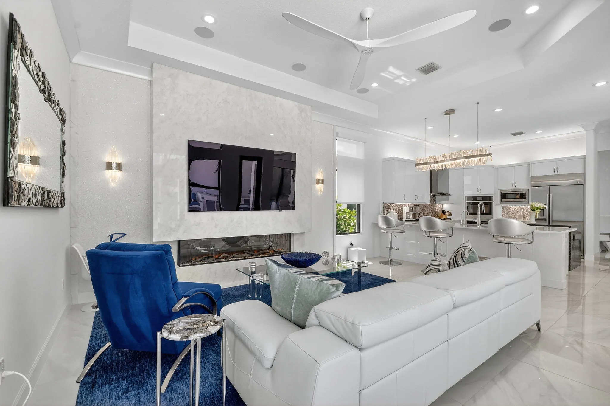 Family Room Marble Fireplace Kitchen