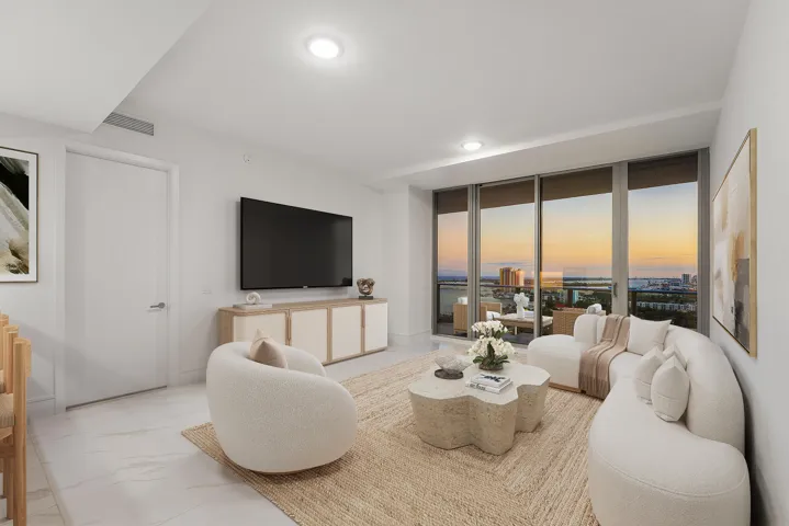Living Area - Virtually Staged; South; Sunset (photo + staging)