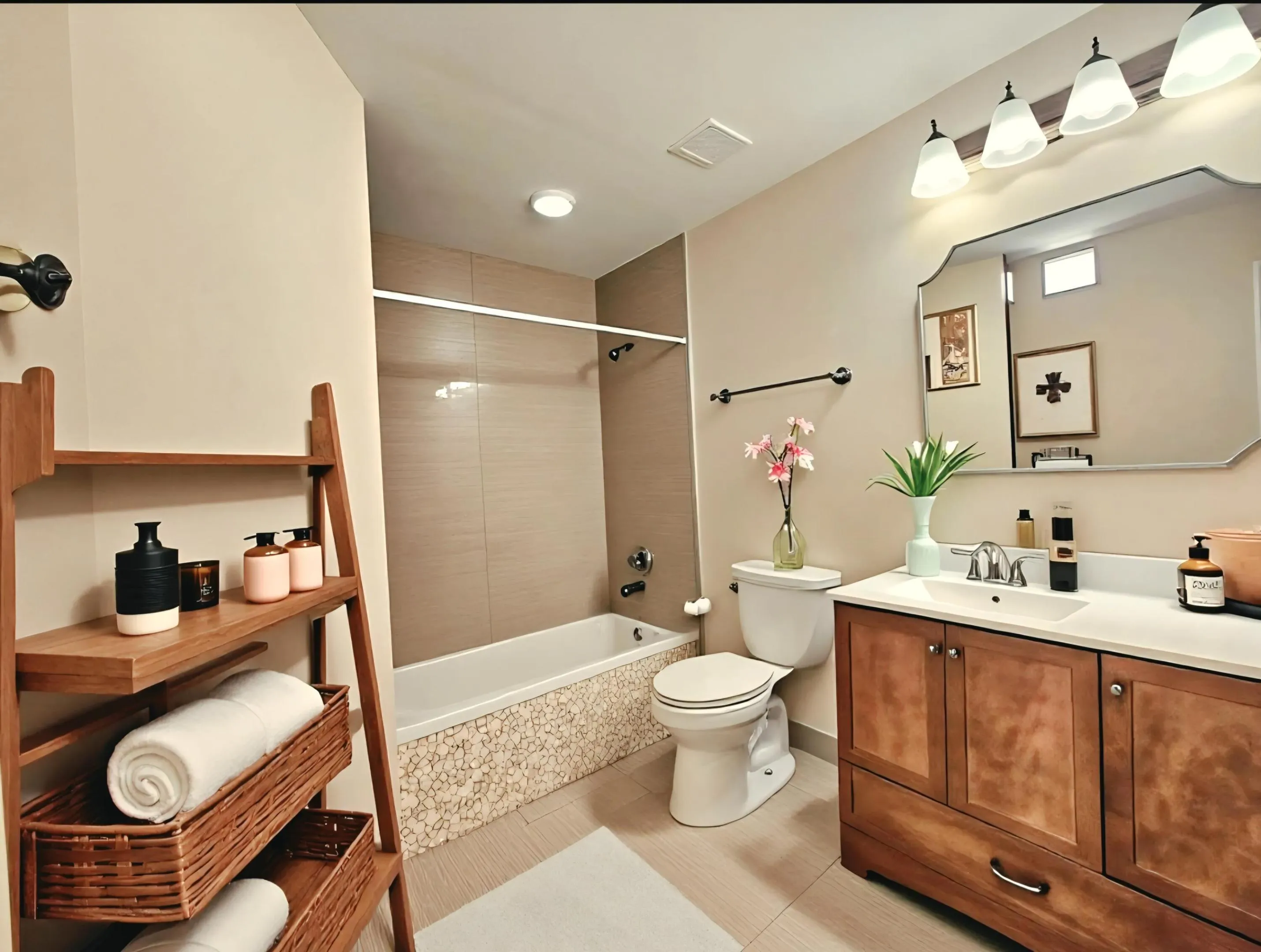 LARGER BATHROOM WITH A TUB/SHOWER AND A LINEN CLOSET. virtually staged.