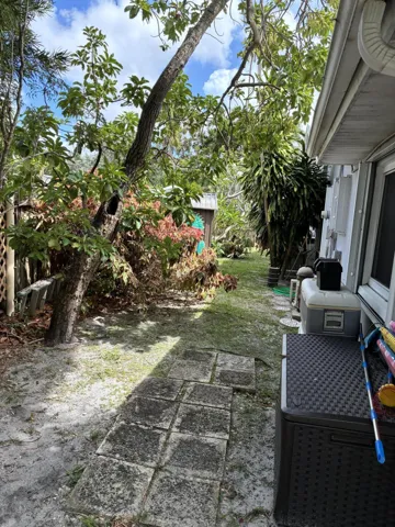 North patio with storage sheds