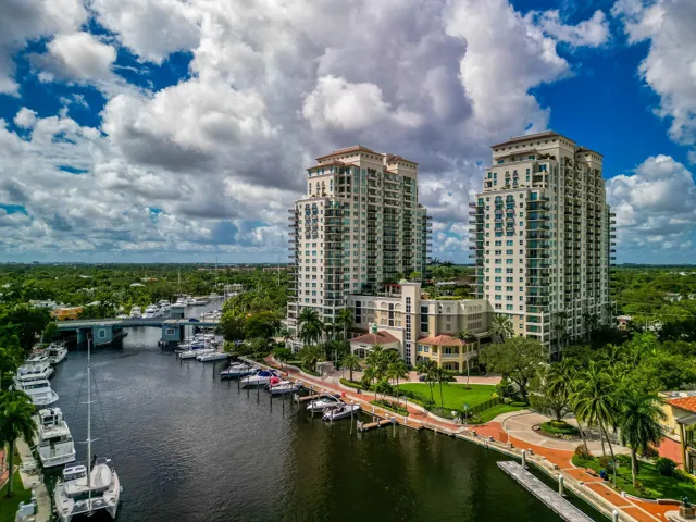 Aerial view of The Symphony’s twin towers, ideally positioned along the New River and Riverwalk near Las Olas Boulevard.