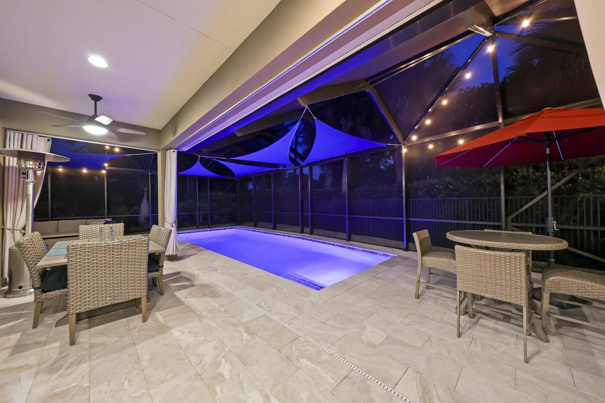 Multiple outdoor seating and dining areas