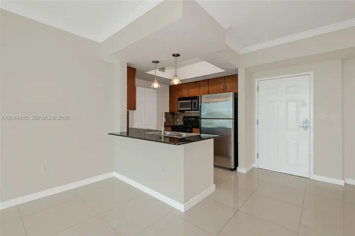 view from living area to open kitchen