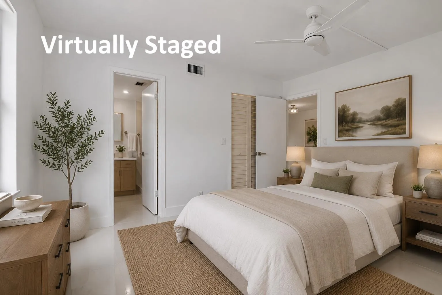Primary bedroom virtually staged labeled