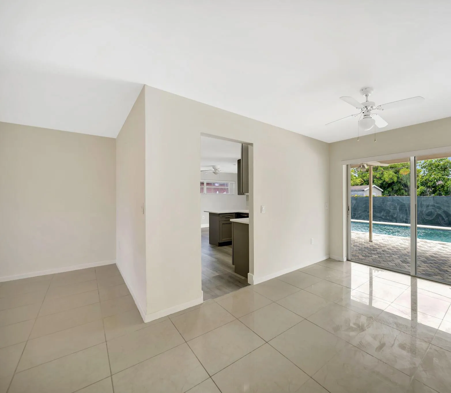 View from main area to kitchen & den