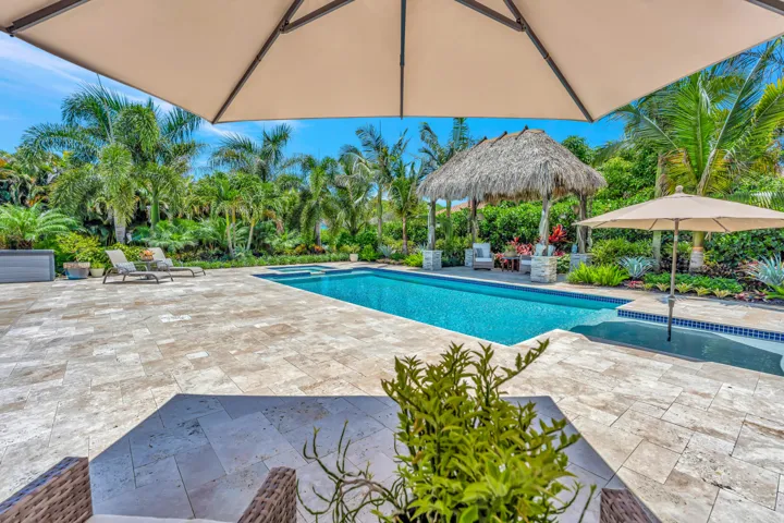 Pool tiki hut and umbrella