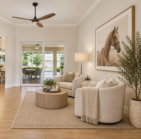 AI open concept seating area. Virtually staged