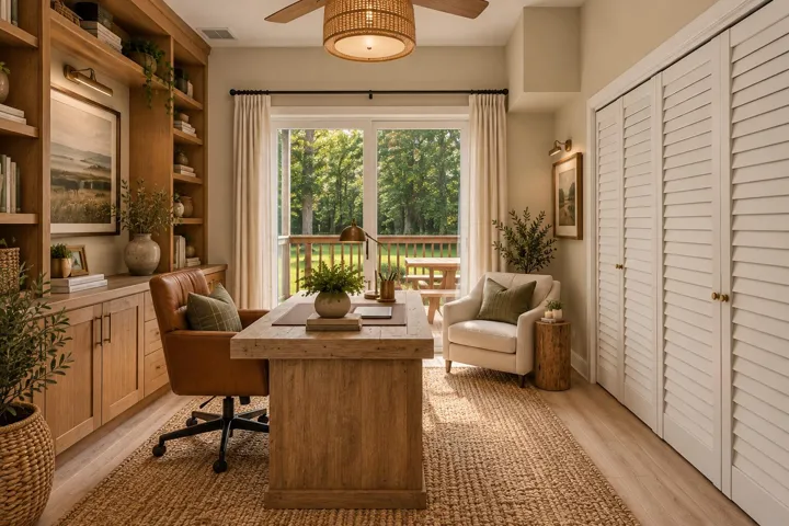 AI virtually staged office in guest house.