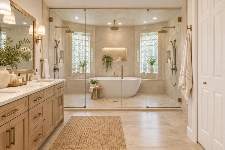 AI Primary bathroom. Virtually staged