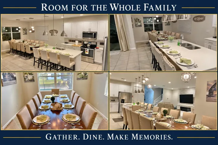 Gather, dine, and make memories in this inviting open-concept space, featuring a large dining table and kitchen island seating—perfect for family meals and relaxed vacation gatherings.