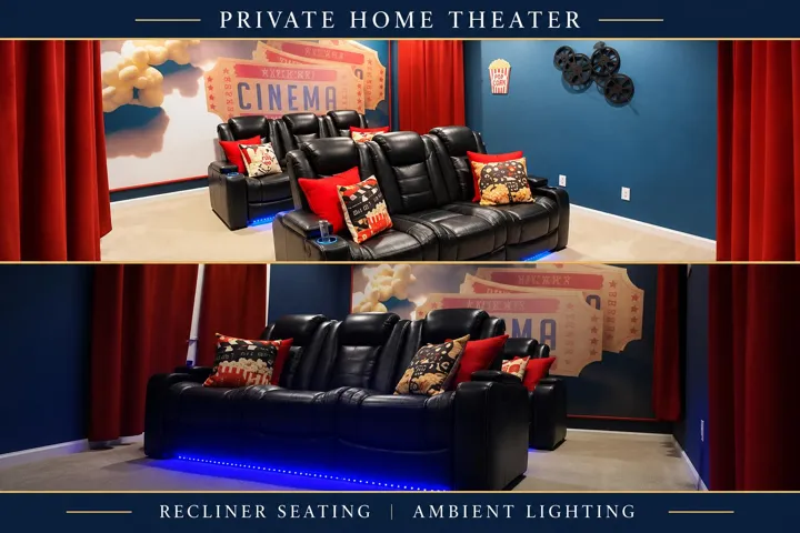 Private home theater featuring two rows of reclining seats, ambient lighting, and cinema-themed décor—perfect for movie nights after a day at the parks.