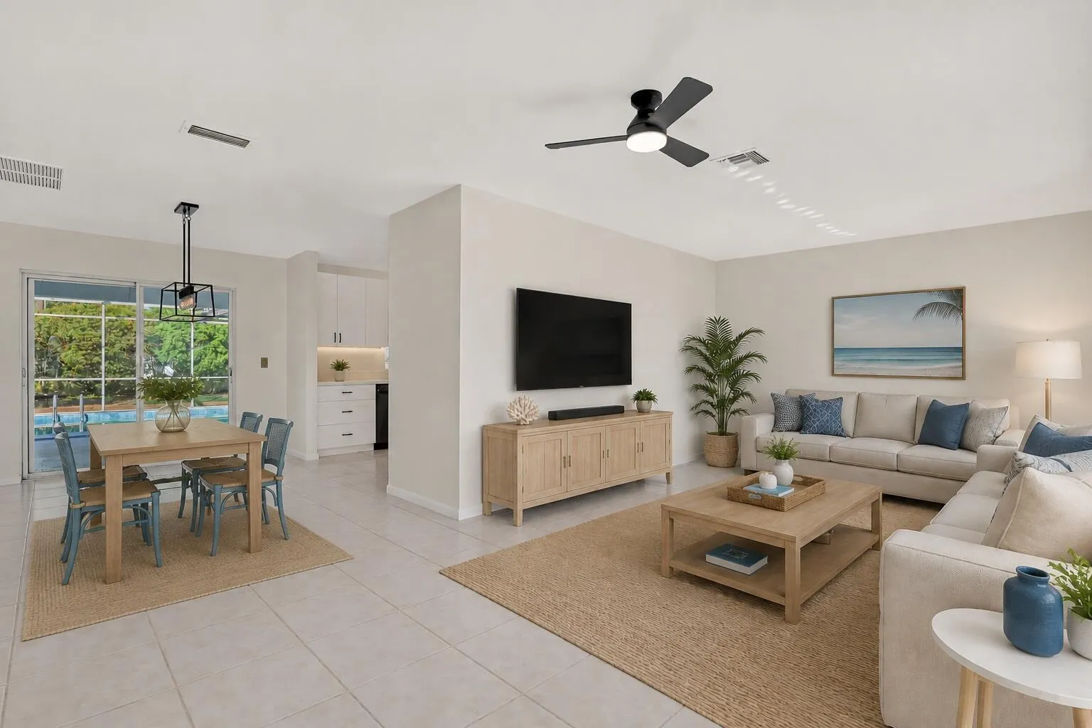 Virtually staged living & dining room