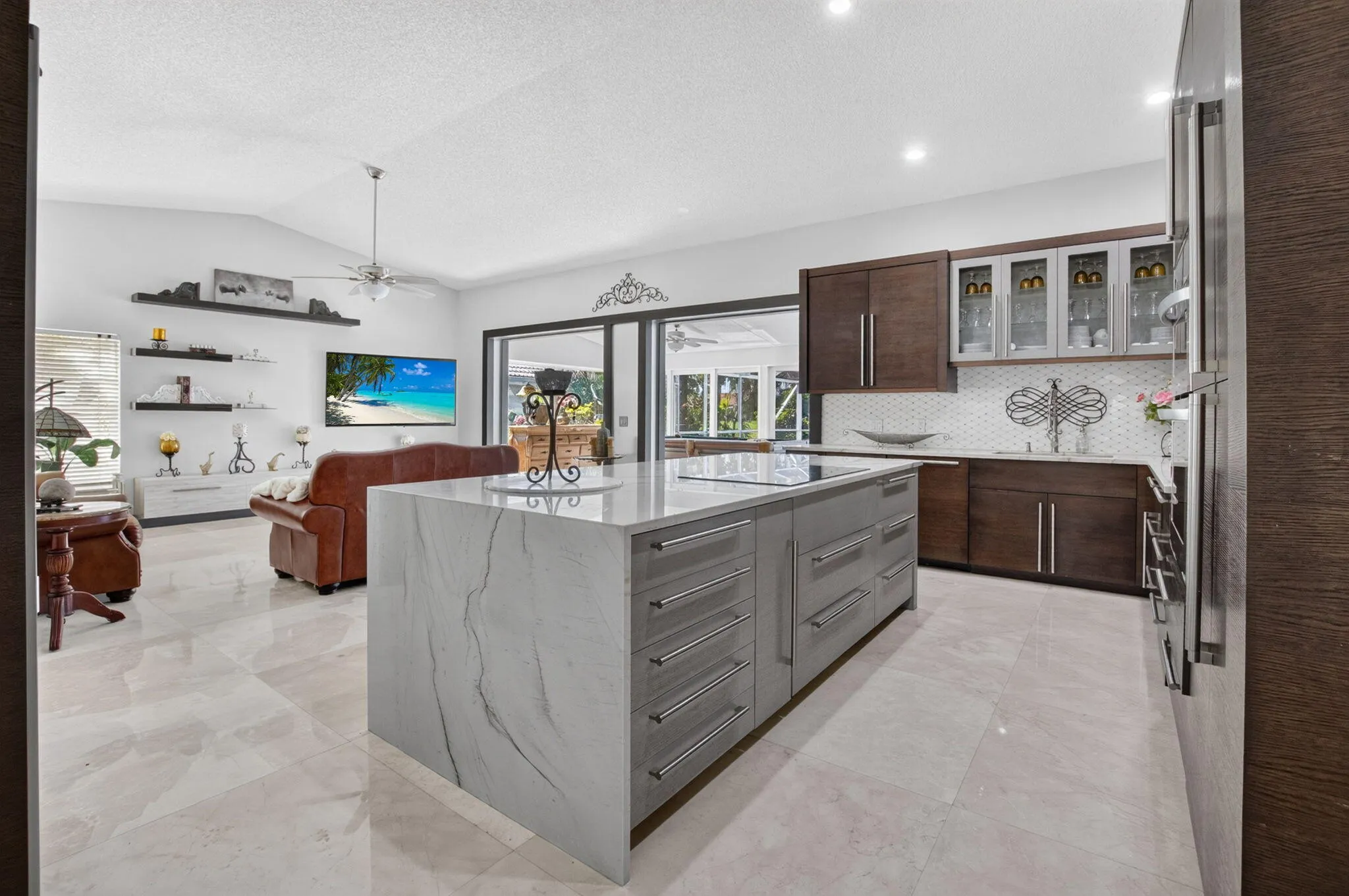 Waterfall quartz island with drawers