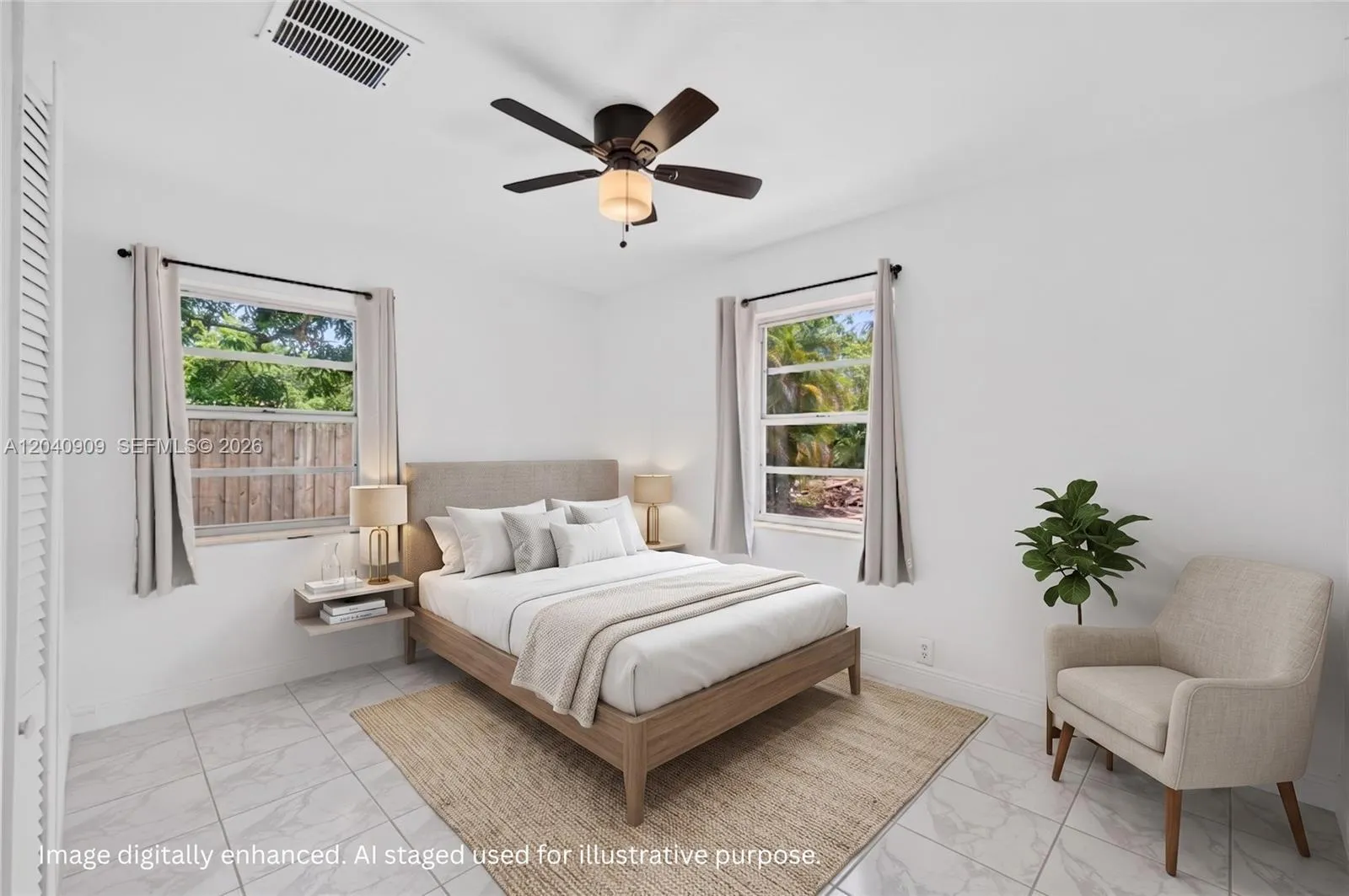 On of the guest bedrooms toward front of house. Overlooks front yard and side yard. Image digitally enhanced. AI used for staging purposes