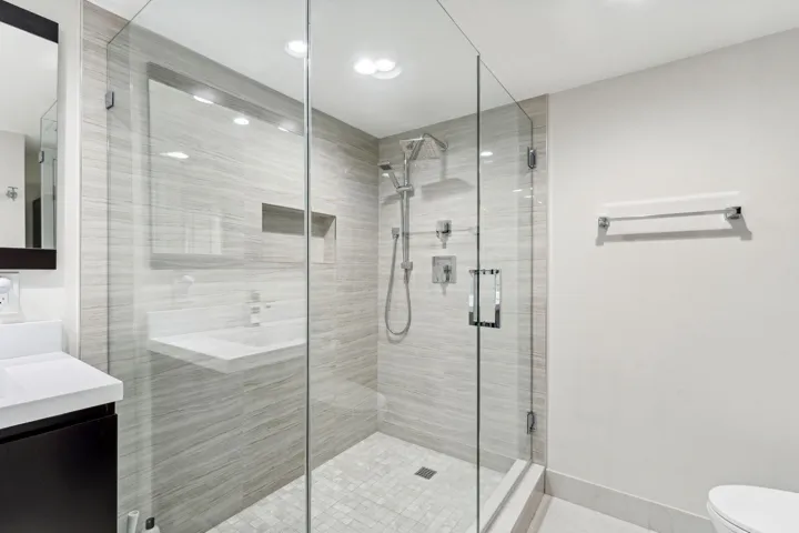 Primary bath with frameless glass shower doors