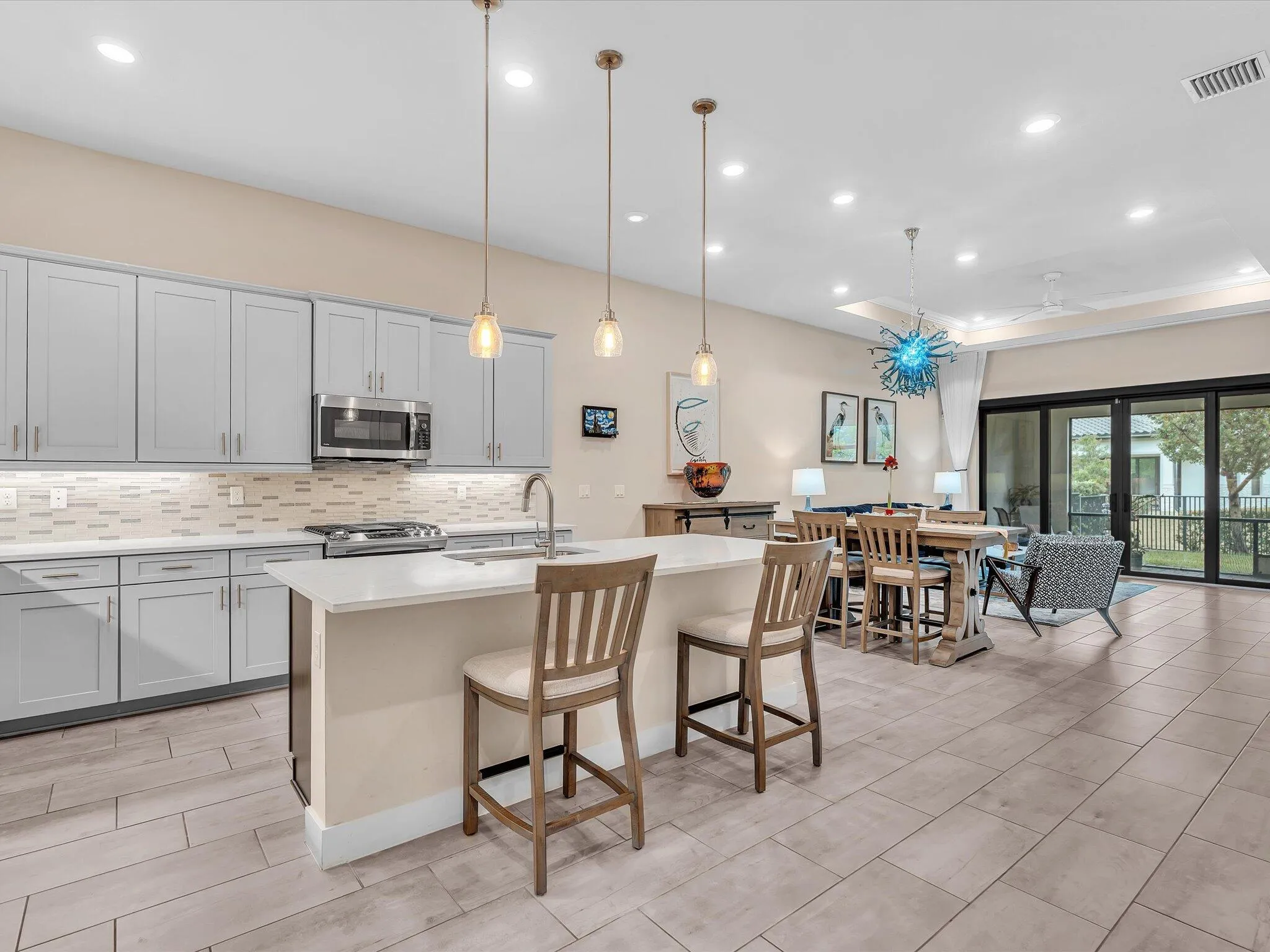 Pendant lighting over island