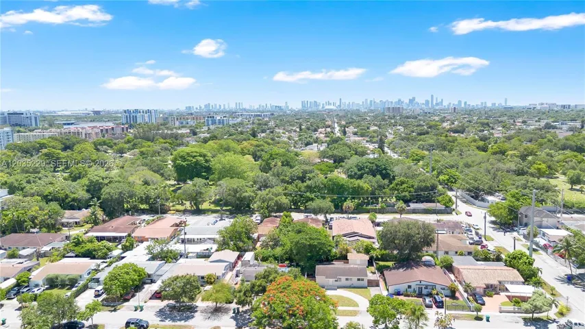 Aerial view highlighting the neighborhood, lush greenery, and city skyline.
