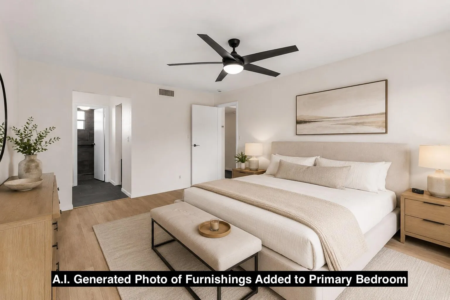 A.I. generated furnishings in primary bedroom with on-suite bathroom