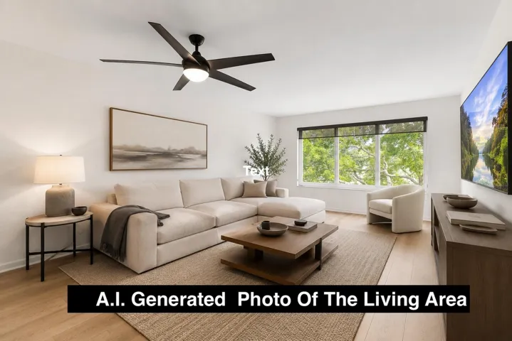 A.I. generated furnishings in living area. Impact window and new flooring