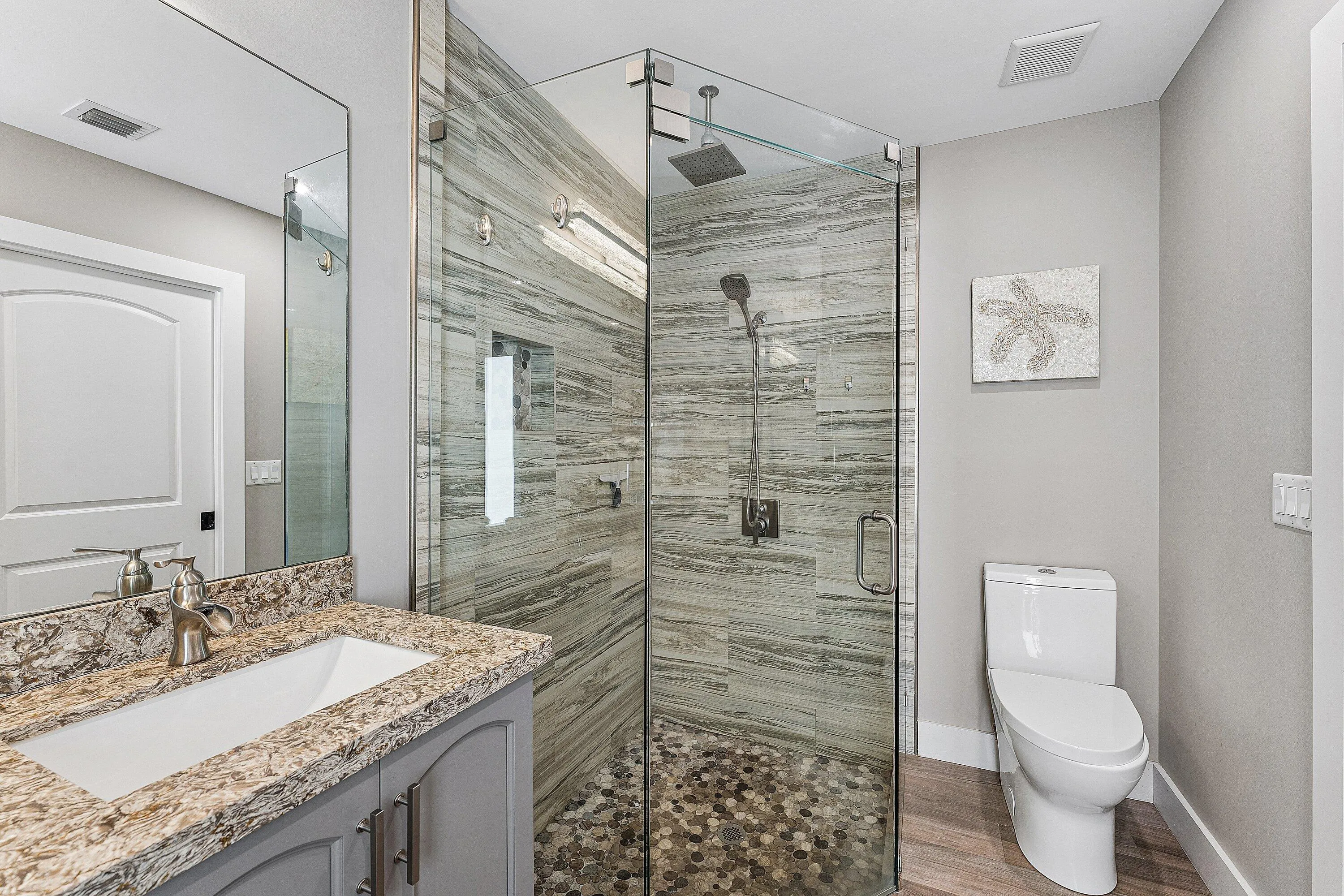 Glass Enclosed Shower with Ceiling Mounted Rain Shower