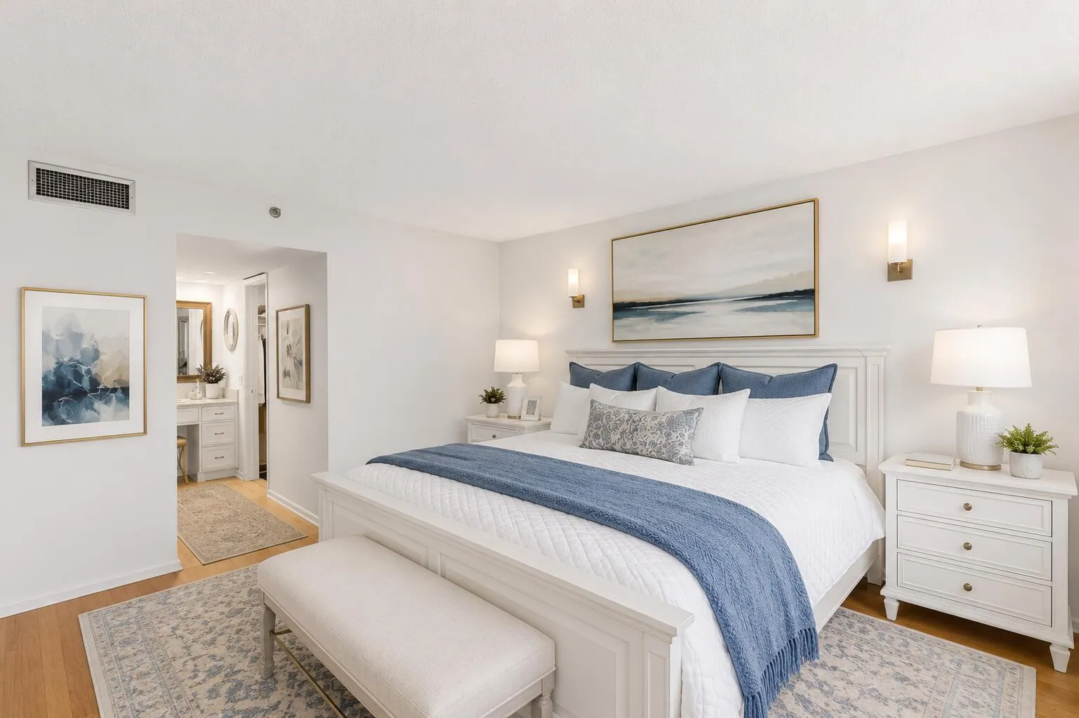 Virtually Staged. Designed for relaxation, the expansive primary suite showcases beautiful golf course views, cherry hardwood flooring, a spacious walk-in closet, and a separate dressing vanity.