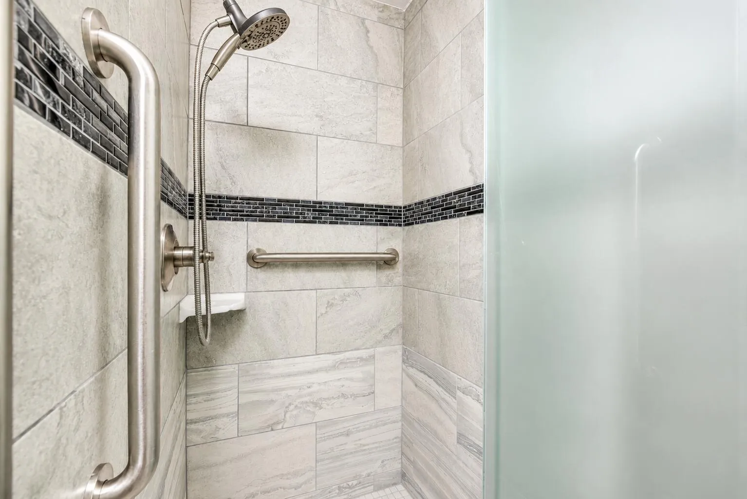 Tiled Walk-In Shower with Grab Bars