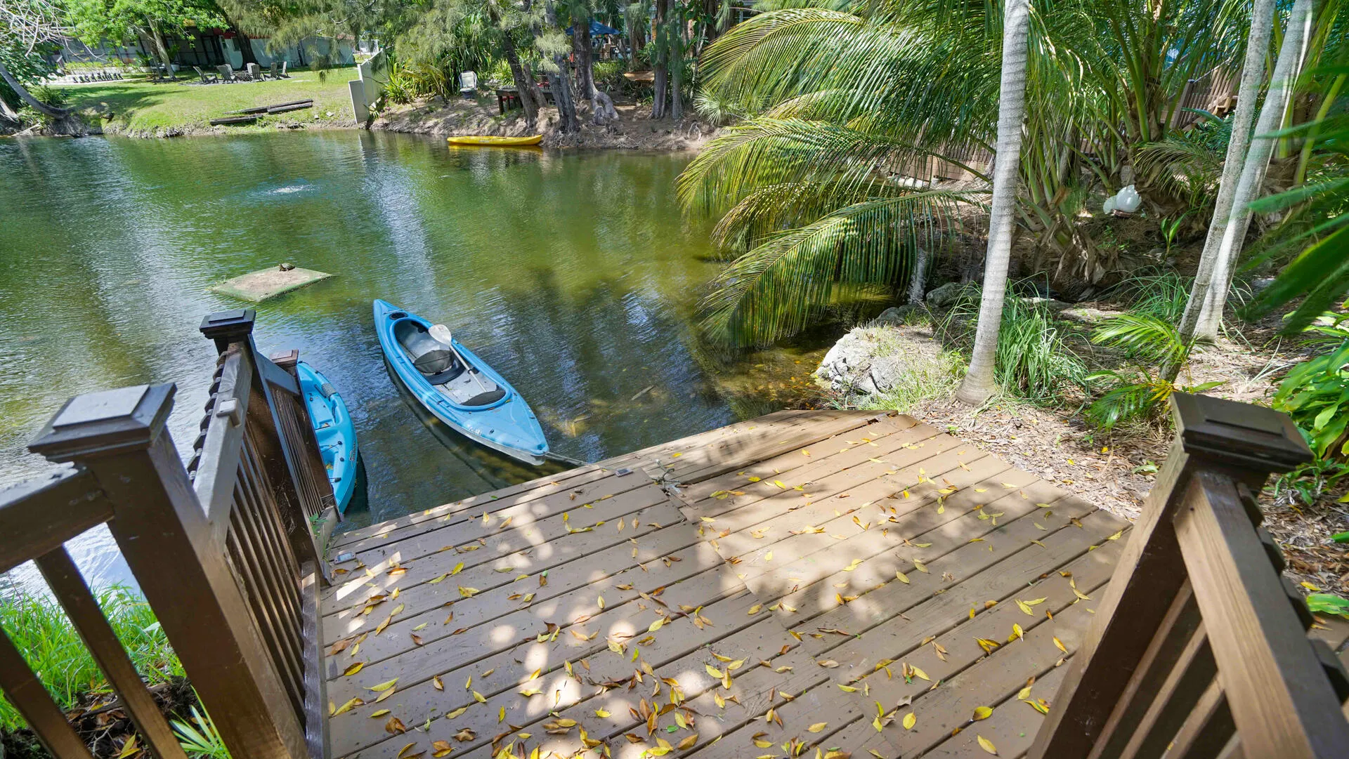 Wood-finish decking with handrails leading to a serene body of water, bordered by lush tropical foliage and mature trees