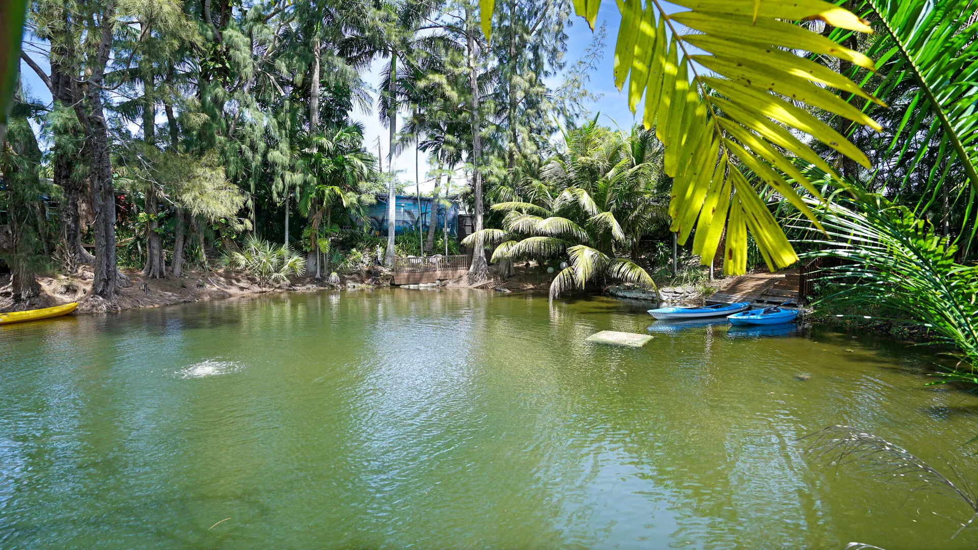 Expansive waterfront property featuring a tranquil pond with a water feature