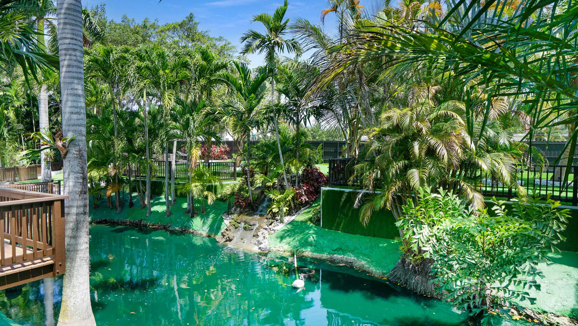 Expansive waterscape featuring vibrant turquoise water, a wooden deck with railings, and a lush border of mature palm trees and tropical foliage