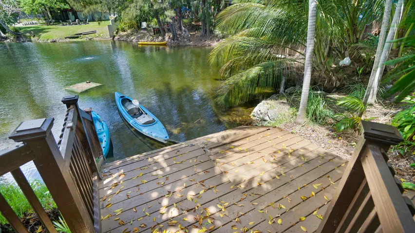 Wood-finish decking with handrails leading to a serene body of water, bordered by lush tropical foliage and mature trees