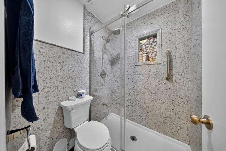 Shower with glass enclosure, recessed niche with mosaic tile, and a grab bar