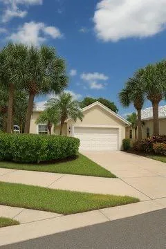 Front exterior featuring a stucco facade, an attached two-car garage, concrete driveway, and mature landscaping with palm trees