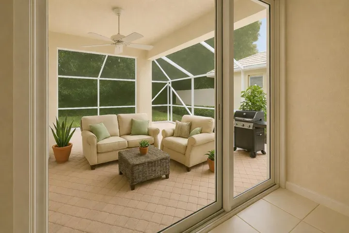 Screened lanai featuring a ceiling fan, light-toned textured flooring, and direct access to an outdoor patio with a tiled roofline