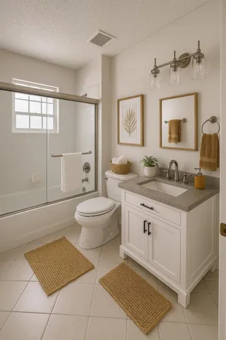 Bathroom featuring a white vanity with a gray countertop, an undermount sink with a brushed nickel faucet, and a three-light vanity fixture