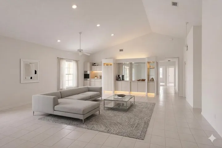 Vaulted ceilings in a spacious living area featuring recessed lighting, a ceiling fan, and tile flooring