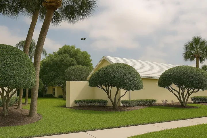 Expansive green lawn with established landscaping, including sculptural topiary trees and mature palm trees