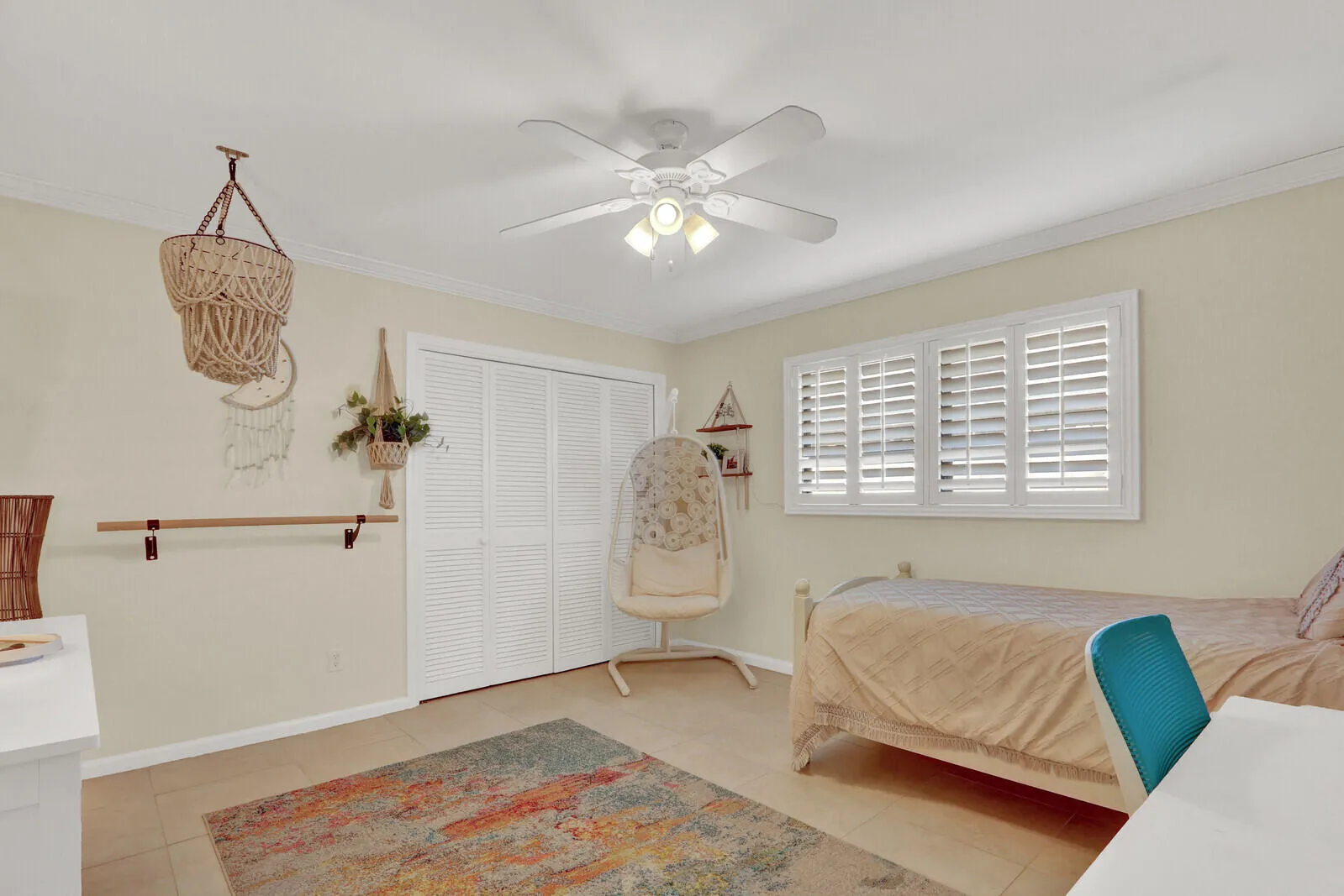 Light-colored walls complement the tile flooring