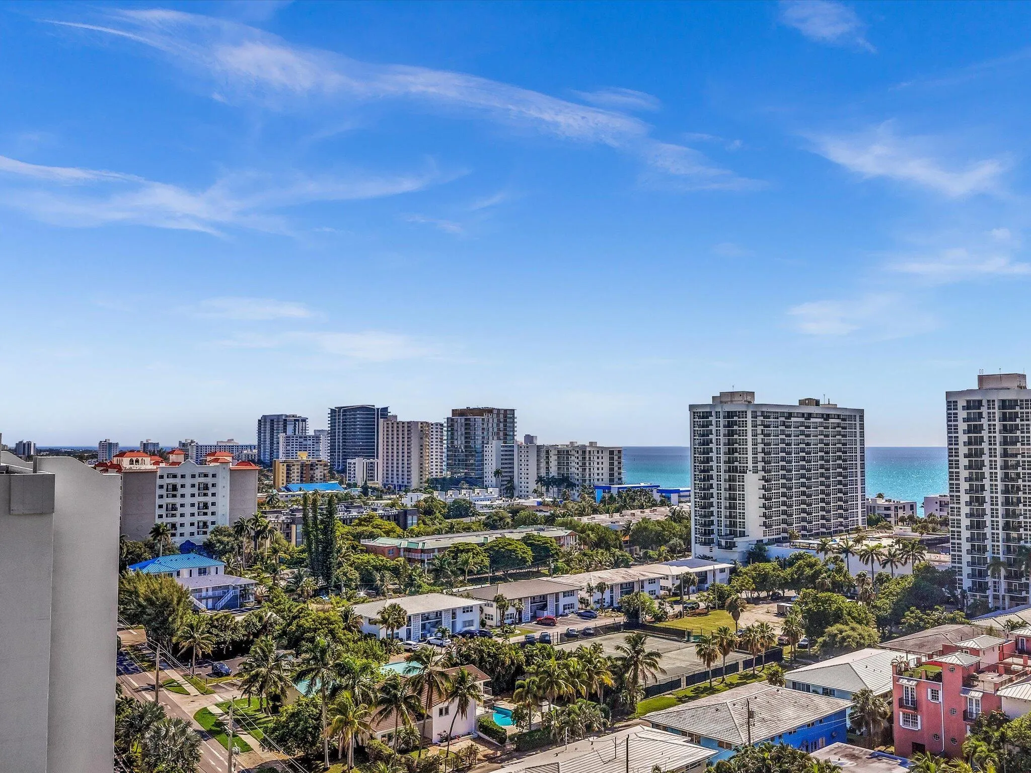 Expansive city and ocean panorama featuring multiple high-rise buildings and mature palm trees