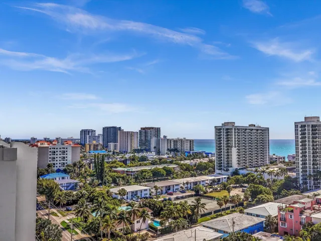 Expansive city and ocean panorama featuring multiple high-rise buildings and mature palm trees