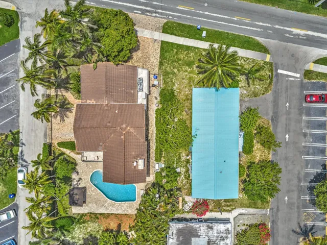 Overhead property view featuring two structures, a freeform swimming pool, and mature palm trees