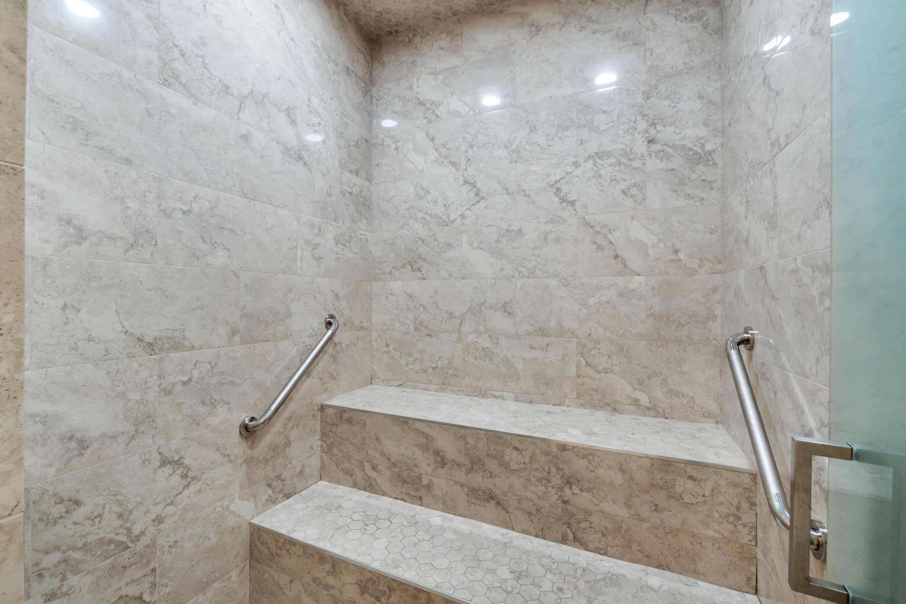 Newly-remodeled community steam room.