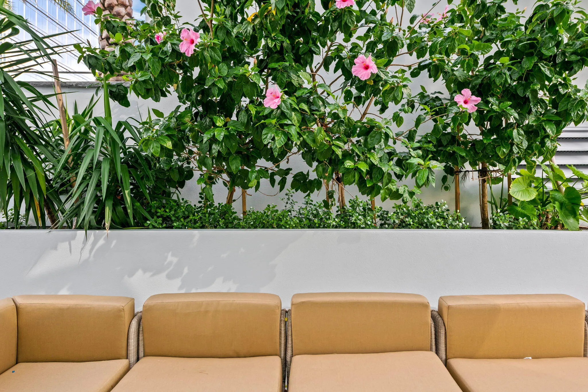 Integrated planter with diverse foliage, featuring vibrant pink flowering plants and broad-leaf greenery