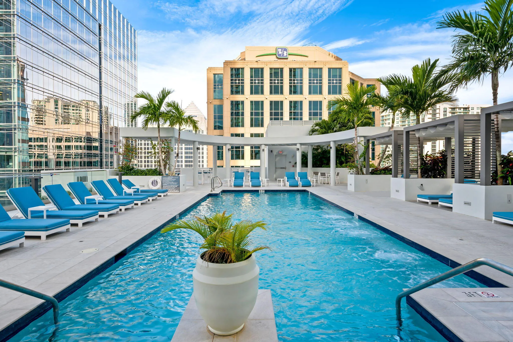Rooftop amenity deck featuring a swimming pool, multiple lounge areas, poolside cabanas, and integrated planters with mature palm trees